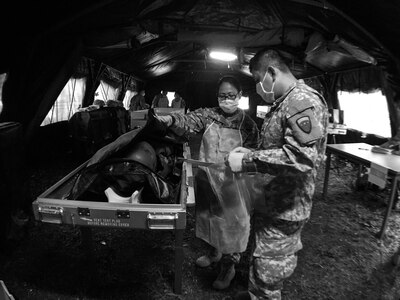 The chain of custody continues at the Theater Mortuary Evacuation Point manned by U.S. Army Reserve soldiers with the 387th Quartermaster Company (Mortuary Affairs), based in Los Angeles, during Mortuary Affairs Exercise 16-02, July 22, at Fort Pickett, Va. MAX 16-02 included all six U.S. Army Reserve Mortuary Affairs units performing search and recovery missions and operating Mortuary Affairs Collection Points and a Theater Mortuary Evacuation Point. The units were evaluated by active-duty mortuary affairs personnel from nearby Fort Lee, Va. (U.S. Army photo by Timothy L. Hale)(Released)