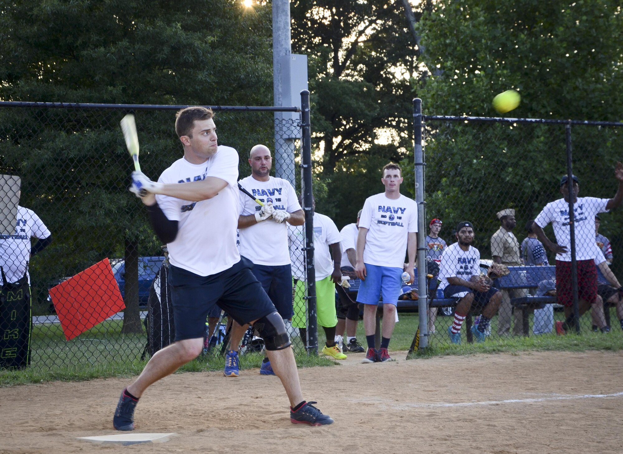 A Navy Information Operations Command prepares to swing during the Game 1 Division ONE Intramural Softball Championship game against the 34th Intelligence Squadron, August 3, 2016 at Fort Meade, Md. NIOC won the first game 19 to 9 to force a Game 2 against the 34th IS. (U.S. Air Force photo/Staff Sgt. AJ Hyatt)