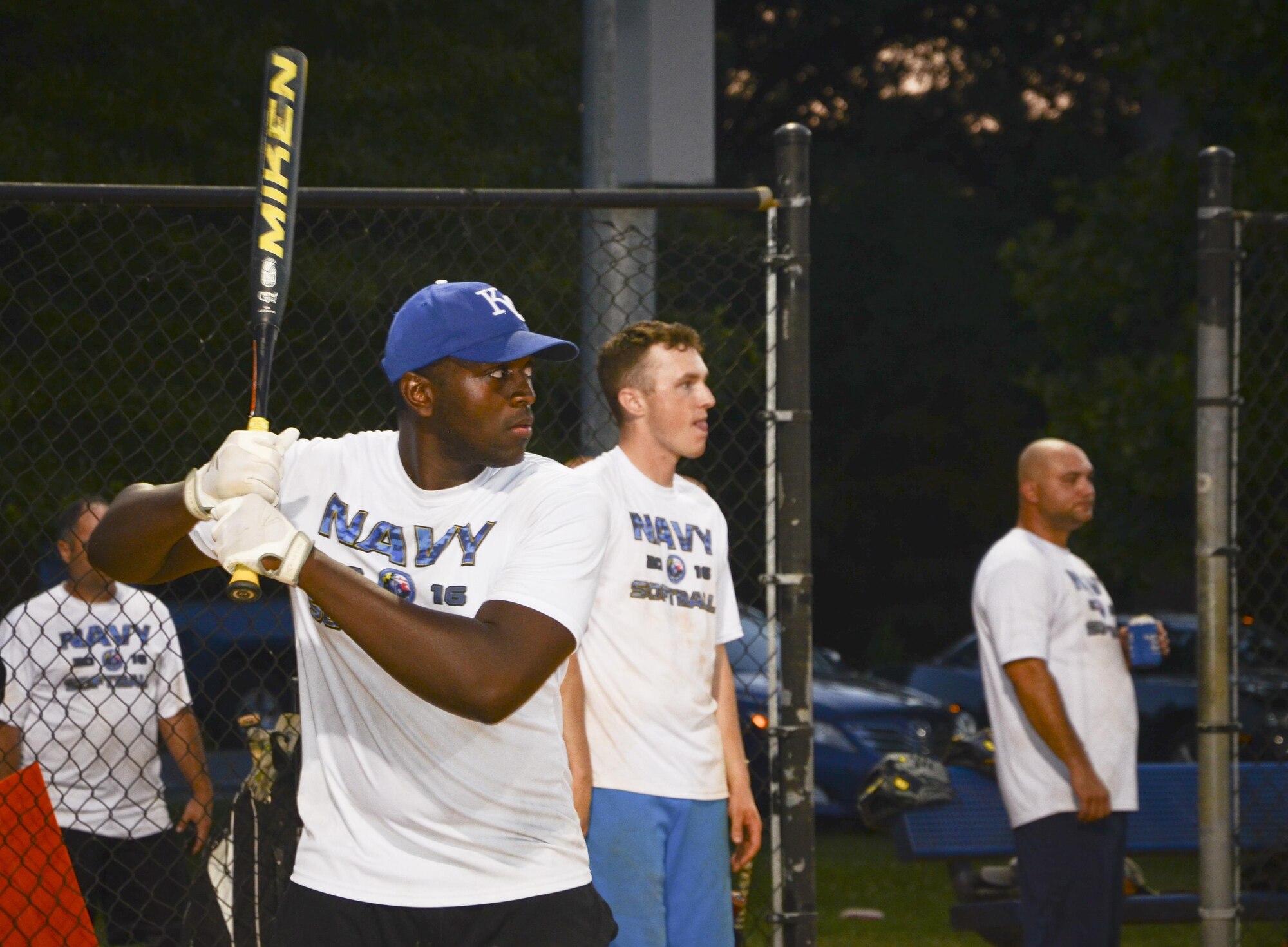 A Navy Information Operations Command waits for a pitch during the Game 2 Division ONE Intramural Softball Championship game against the 34th Intelligence Squadron, August 3, 2016 at Fort Meade, Md. The 34th IS went on to win the Championship by a score of 31 to 25. (U.S. Air Force photo/Staff Sgt. AJ Hyatt)