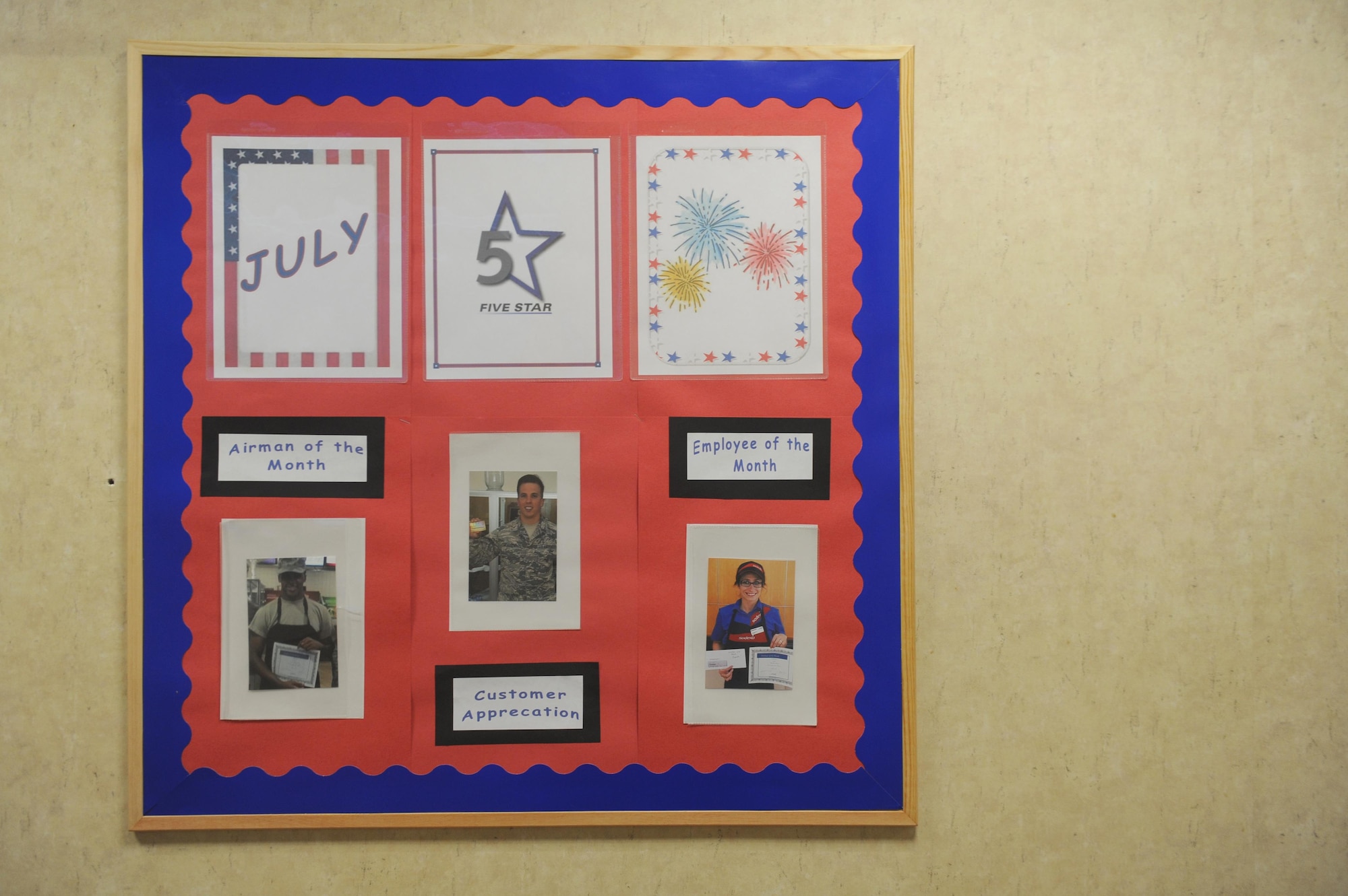 A recognition board is set up at the Longhorn dining facility to showcase the Airman, customer and Sodexo staff member of each month as part of the new customer appreciation program. The date for the next monthly drawing will be August 8, 2016. (U.S. Air Force photo by Airman 1st Class Rebecca Van Syoc)