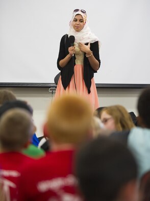 Fatima Boumahchad, 16, talks about the importance of bystander intervention to prevent bullying at the Stop Bullying, Give Peace a Chance, anti-bullying event in the Wright-Patterson Air Force Base, Ohio, Religious Education Facility Aug. 2, 2016. Boumahchad, who is starting her senior year at Dayton Regional STEM School, talked to 120 younger students attending the event sponsored by the WPAFB School Liaison Officer. (U.S. Air Force photo/R.J. Oriez)