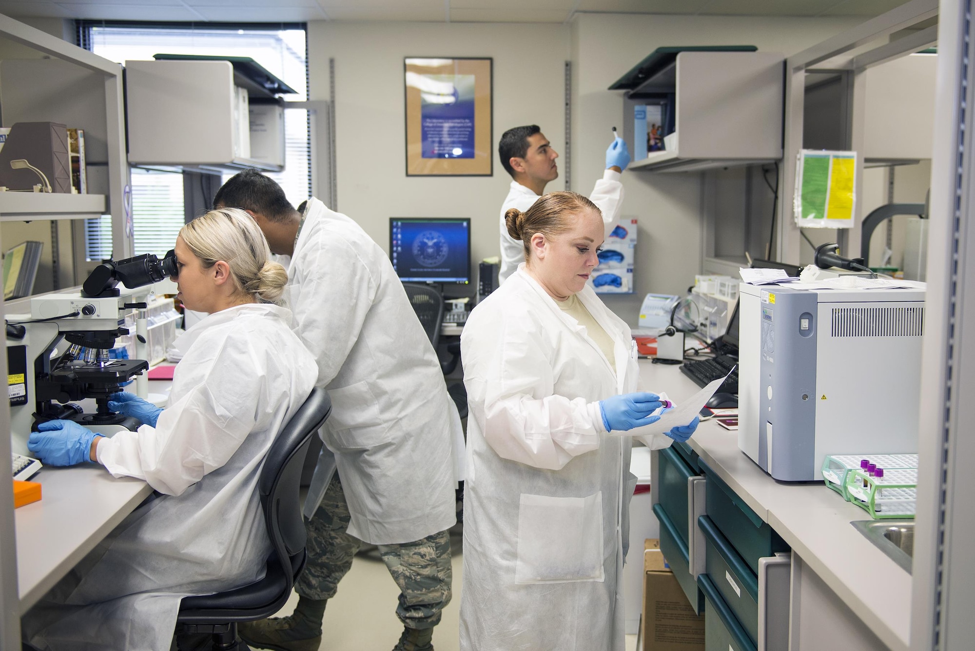 The 23d Medical Support Squadron’s medical laboratory technician team analyzes bodily fluids to accurately diagnose, treat and prevent Team Moody Airmen from getting sicknesses. The team services over 10,000 beneficiaries and their lab practices help identify HIV, drugs, pregnancy, bacterial infections and cholesterol issues. (U.S. Air Force photo by Airman 1st Class Greg Nash)