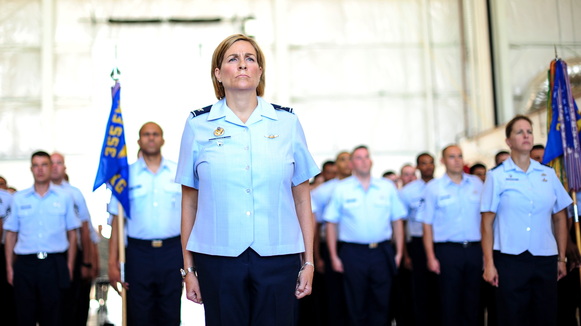 U.S. Air Force Col. Jennifer Short, 355th Fighter Wing vice commander, stands at the head of a formation of Airmen from the 355th FW during a change of command ceremony at Davis-Monthan Air Force Base, Ariz., Aug. 5, 2016. During the ceremony, Col. Scott Campbell assumed command of the 355th FW from Col. James Meger. (U.S. Air Force photo by Airman Nathan H. Barbour)