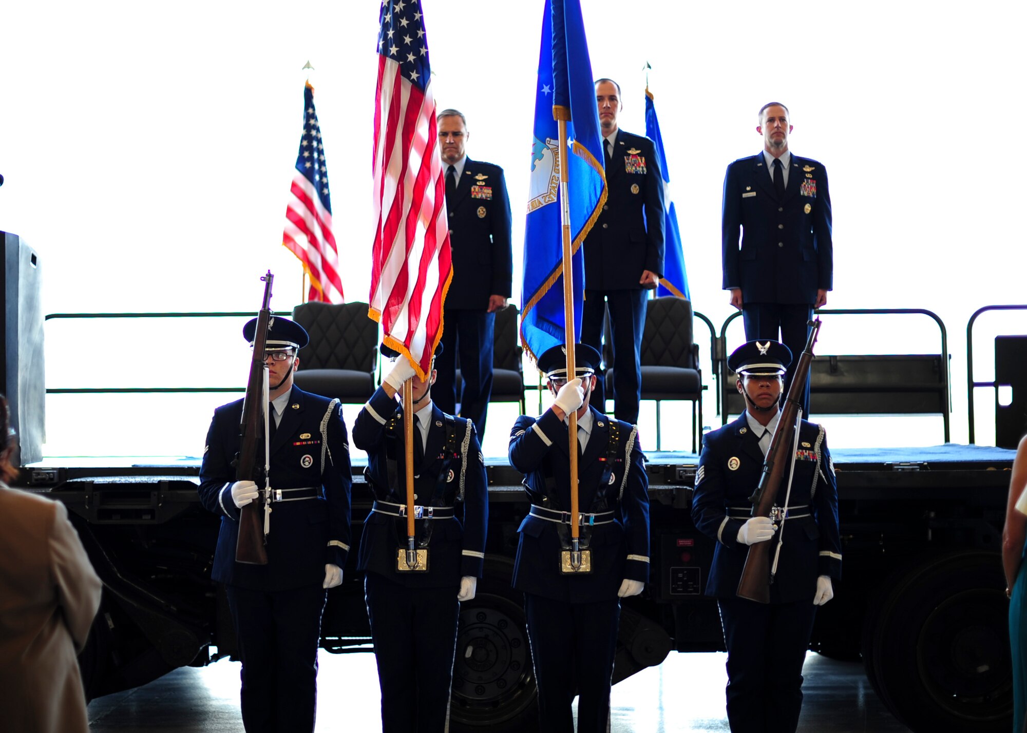 Davis-Monthan Air Force Base Honor Guard presents the colors during a change of command ceremony at D-M AFB, Ariz., Aug. 5, 2016. Lt. Gen. Chris Nowland, Twelfth Air Force (Air Forces Southern) commander and the ceremony’s presiding officer, commended Col. James Meger’s accomplishments and welcomed Col. Scott Campbell to the wing before passing command. (U.S. Air Force photo by Airman Nathan H. Barbour)