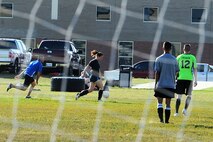 The intramural soccer league kicked off with the 5th Security Forces Squadron playing against the 91st Missile Security Forces Squadron Aug. 1, 2016, at the McAdoo Fitness Center, Minot Air Force Base, N.D. After an hour of battling in the heat, the game ended in a tie with a final score of 2-2. (U.S. Air Force photos/Senior Airman Kristoffer Kaubisch)