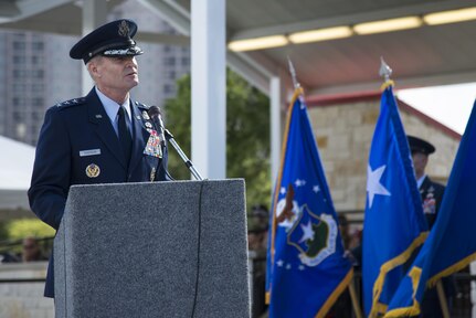 U. S. Air Force Lt. Gen. Darryl Roberson, commander of Air Education and Training Command, speaks to attendees during the 502nd Air Base Wing and Joint Base San Antonio change of command ceremony at JBSA-Fort Sam Houston's MacArthur Parade Field Aug. 5, 2016. The change of command ceremony represents the formal passing of responsibility, authority and accountability of command from one officer to another. 