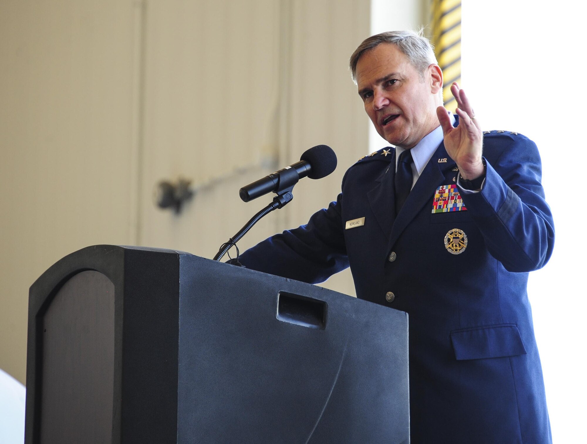U.S. Air Force Lt. Gen. Chris Nowland, Twelfth Air Force (Air Forces Southern) commander, makes his remarks as the presiding officer during a change of command ceremony at Davis-Monthan Air Force Base, Ariz., Aug. 5, 2016. Col. Scott Campbell assumed command of the 355th Fighter Wing from Col. James Meger. (U.S. Air Force photo by Senior Airman Chris Drzazgowski)