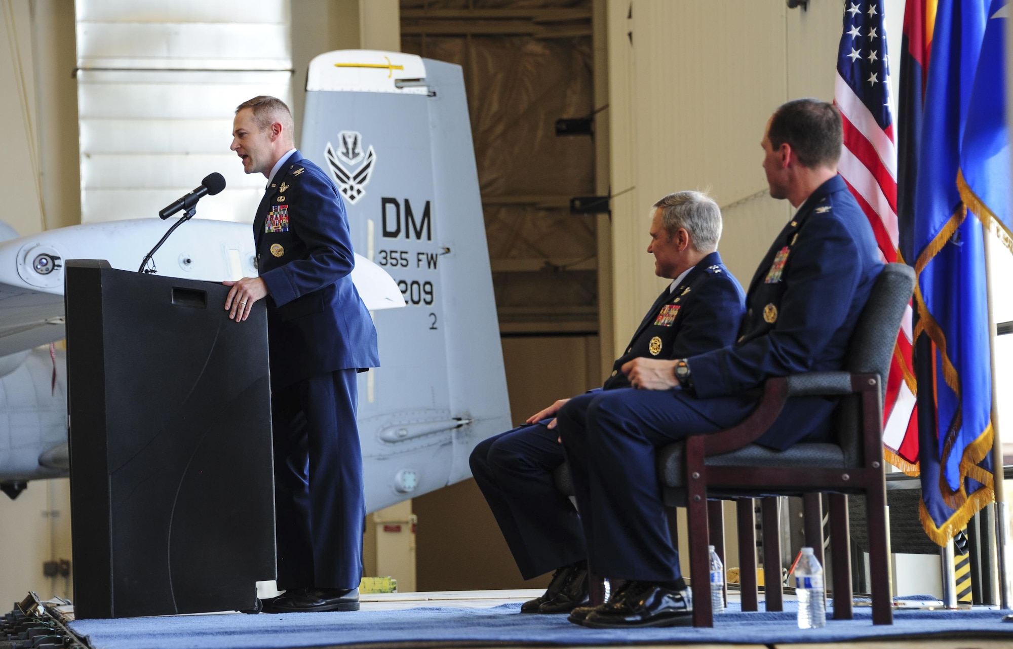 U.S. Air Force Col. Scott Campbell makes his remarks as the incoming commander of the 355th Fighter Wing during a change of command ceremony at Davis-Monthan Air Force Base, Ariz., Aug. 5, 2016. Campbell is a command pilot with more than 3,200 hours in the T-34, T-38, A-10 and MQ-9. (U.S. Air Force photo by Senior Airman Chris Drzazgowski)