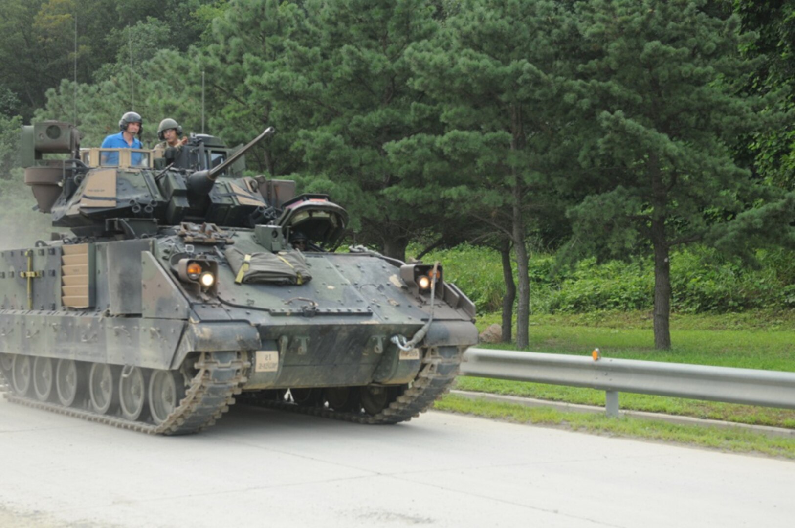 Secretary of the Army Eric Fanning takes a fast ride in an M2 Bradley before receiving a brief from 2nd Infantry Division/ROK-US Combined Division's rotational 1st Armored Brigade Combat Team, 1st Calvary Division leadership, on Rodriguez Live Fire Complex, South Korea, Aug. 3, 2016. The experience was one of several that 2ID/RUCD rotational Soldiers provided the Secretary during his stop on the peninsula as part of his first tour across the Pacific while in office. 