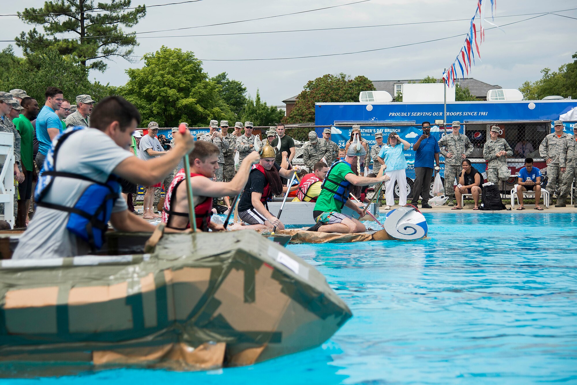Multiple teams begin the final race of the annual boat regatta at Scott Air Force Base, Ill., Aug. 5, 2016. The event featured 14 teams from a number of organizations around base. The 375th Logistics Readiness Squadron D flight team finished first, winning the boat regatta. (U.S. Air Force photo by Tech. Sgt. Jonathan Fowler)