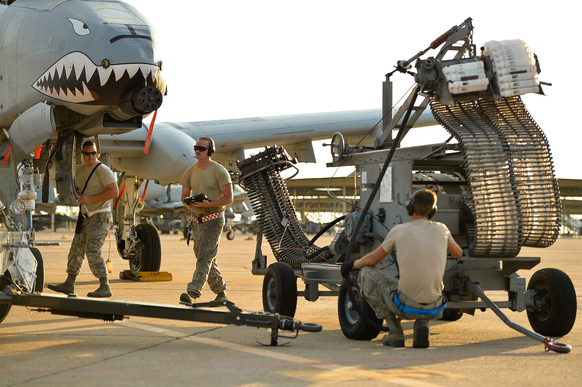 Airmen assigned to the 23rd Aircraft Maintenance Squadron, Moody Air Force Base, Ga., prepare to offload 30 mm shells from an A-10 Thunderbolt II aircraft Aug. 3 at Hill AFB. Earlier in the day, the aircraft flew during an exercise known as Combat Hammer. (U.S. Air Force photo by R. Nial Bradshaw)