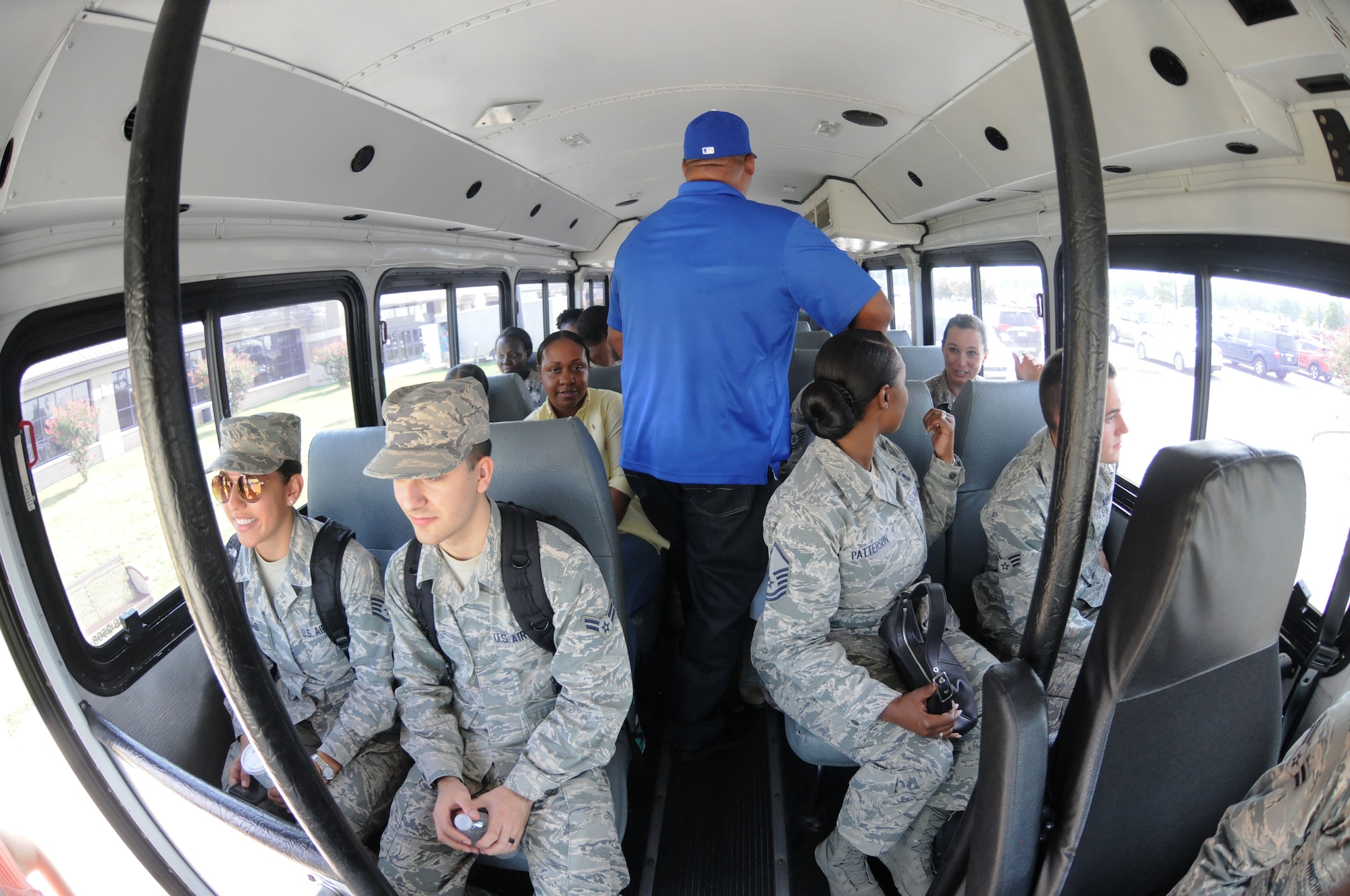 Keesler personnel board a bus at the Base Exchange to evacuate during a hurricane exercise Aug. 4, 2016, on Keesler Air Force Base, Miss. The purpose of the exercise was to prepare Keesler for the current hurricane season. (U.S. Air Force photo by Kemberly Groue/Released)