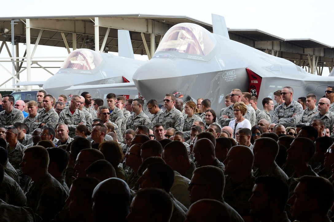 Hundreds of military and civilian Airmen attend the F-35A Lightning II aircraft initial operational capability ceremony Aug. 5 at Hill Air Force Base, Utah. (U.S. Air Force photo by David Perry)