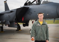 U.S. Air Force Airman 1st Class Timothy Rich, an assistant dedicated crew chief assigned to the 336th Aircraft Maintenance Unit, Seymour Johnson Air Force Base, N.C., is a crew chief for the U.S. Air Force F-15E Strike Eagle fighter aircraft. The highlight of RED FLAG-Alaska for him is similar to many outdoor enthusiasts. “I plan to catch fish. I don’t care what kind, but I want to get out and experience the outdoors of Alaska as much as I can.” (U.S. Air Force photo by Staff Sgt. Shawn Nickel)