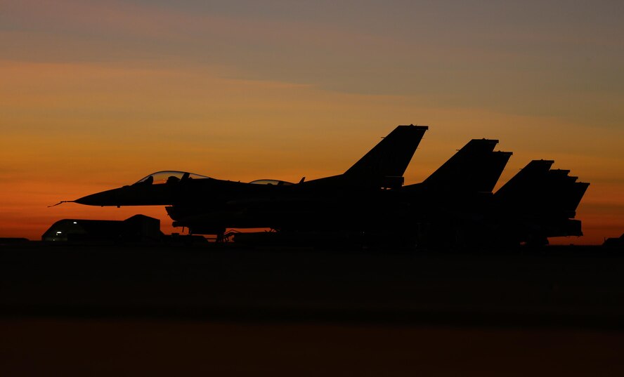 U.S. Air Force F-16 aircraft line the Royal Australian Air Force Base Darwin flightline during Exercise Pitch Black 2016 (PB16), Aug. 4, 2016. The purpose of PB16 is to foster closer military ties between participant nations, practice mutually beneficial training in a complex air environment, and establish a better understanding between militaries in the Asia-Pacific region. (Australian Defence Force photo by LSIS Jayson Tufrey)