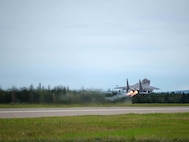 A U.S. Air Force F-15E Strike Eagle dual-role fighter aircraft assigned to the 336th Fighter Squadron, Seymour Johnson Air Force Base, N.C., takes off Aug. 5, 2016, at Eielson Air Force Base, Alaska, during a familiarization flight for RED FLAG-Alaska (RF-A) 16-3. RF-A provides training for deployed maintenance and support personnel in sustainment of large-force deployed air operations. (U.S. Air Force photo by Staff Sgt. Shawn Nickel)