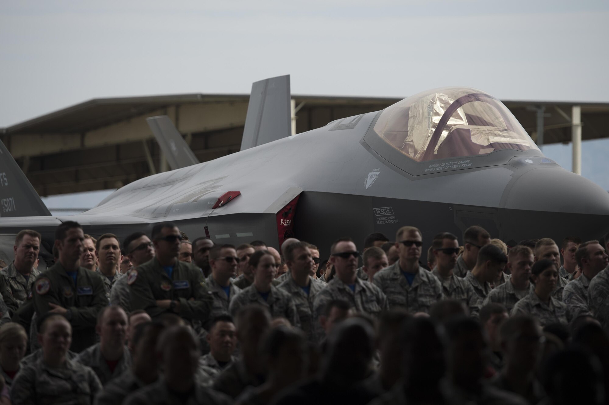 Hundreds of military and civilian Airmen attend the F-35A Lightning II aircraft initial operational capability ceremony Aug. 5 at Hill Air Force Base, Utah. (U.S. Air Force photo by Staff Sgt. Andrew Lee)