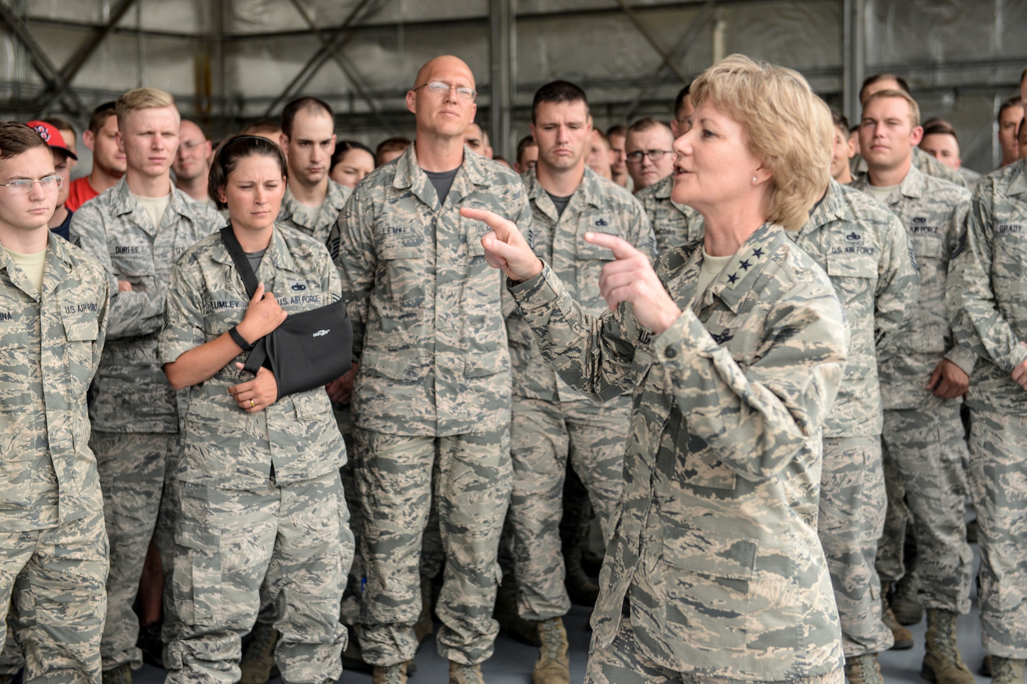 Lt. Gen. Maryanne Miller, Chief of Air Force Reserve and Commander of Air Force Reserve Command, talks to Airmen during a tour of Hill Air Force Base, Utah, Aug. 5. Her first base visit since taking command in July, Miller attended a ceremony to celebrate the F-35A being declared combat ready, then visited some of the Airmen who helped bring the Air Force's newest fighter jet to initial operational capability. (U.S. Air Force photo/Paul Holcomb)