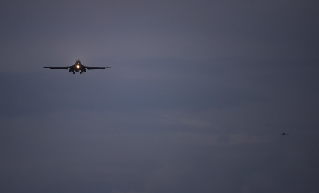 A B-1B Lancer assigned to the 34th Expeditionary Bomb Squadron, deployed from Ellsworth Air Force Base, S.D., prepares to land Aug. 6, 2016, at Andersen AFB, Guam. The aircraft is deployed in support of the U.S. Pacific Command’s Continuous Bomber Presence operations. These aircraft, and the men and women who fly and support them, provide a significant capability that enables our readiness and commitment to deterrence, provides assurances to our allies, and strengthens regional security and stability in the Indo-Asia-Pacific region. (U.S. Air Force photo by Tech. Sgt. Richard P. Ebensberger)
