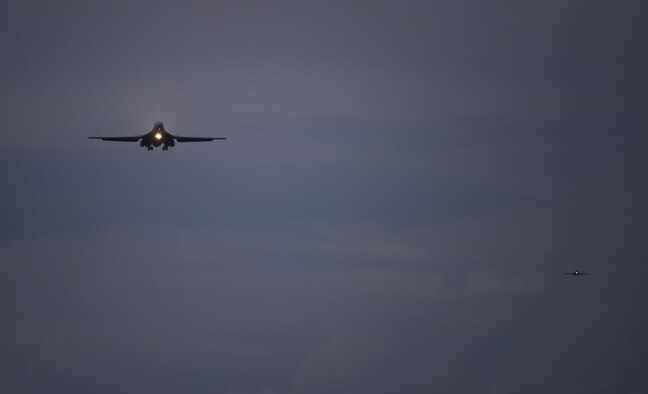 A B-1B Lancer assigned to the 34th Expeditionary Bomb Squadron, deployed from Ellsworth Air Force Base, S.D., prepares to land Aug. 6, 2016, at Andersen AFB, Guam. The aircraft is deployed in support of the U.S. Pacific Command’s Continuous Bomber Presence operations. These aircraft, and the men and women who fly and support them, provide a significant capability that enables our readiness and commitment to deterrence, provides assurances to our allies, and strengthens regional security and stability in the Indo-Asia-Pacific region. (U.S. Air Force photo by Tech. Sgt. Richard P. Ebensberger)
