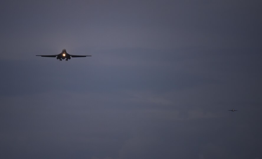 A B-1B Lancer assigned to the 34th Expeditionary Bomb Squadron, deployed from Ellsworth Air Force Base, S.D., prepares to land Aug. 6, 2016, at Andersen AFB, Guam. The aircraft is deployed in support of the U.S. Pacific Command’s Continuous Bomber Presence operations. These aircraft, and the men and women who fly and support them, provide a significant capability that enables our readiness and commitment to deterrence, provides assurances to our allies, and strengthens regional security and stability in the Indo-Asia-Pacific region. (U.S. Air Force photo by Tech. Sgt. Richard P. Ebensberger)
