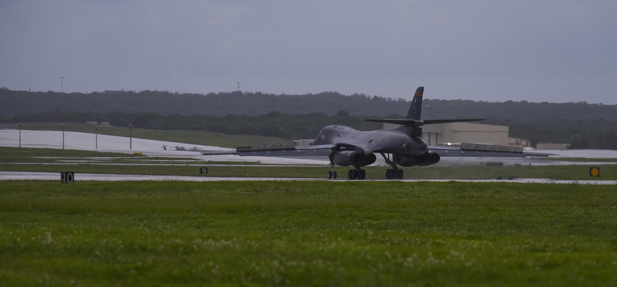 A B-1B Lancer assigned to the 34th Expeditionary Bomb Squadron, deployed from Ellsworth Air Force Base, S.D., lands Aug. 6, 2016, at Andersen AFB, Guam. The B-1 is replacing the B-52 Stratofortress that is currently supporting U.S. Pacific Command’s Continuous Bomber Presence mission. (U.S. Air Force photo by Tech. Sgt. Richard P. Ebensberger)
