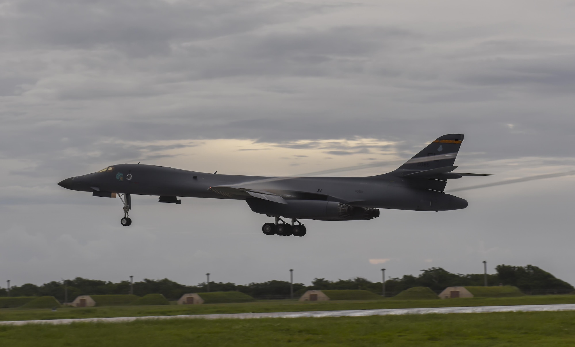 A B-1B Lancer assigned to the 34th Expeditionary Bomb Squadron, deployed from Ellsworth Air Force Base, S.D., lands Aug. 6, 2016, at Andersen AFB, Guam. Incorporating the B-1 into Pacific Command operations, exercises the Air Force’s ability to integrate a unique capability with regional allies and partners in various parts of the world. (U.S. Air Force photo by Tech. Sgt. Richard P. Ebensberger)