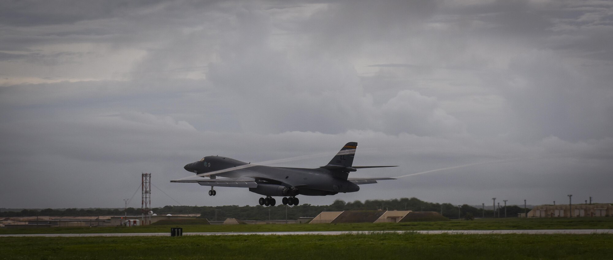 A B-1B Lancer assigned to the 34th Expeditionary Bomb Squadron, deployed from Ellsworth Air Force Base, S.D., lands Aug. 6, 2016, at Andersen AFB, Guam. Incorporating the B-1 into Pacific Command operations, exercises the Air Force’s ability to integrate a unique capability with regional allies and partners in various parts of the world. (U.S. Air Force photo by Tech. Sgt. Richard P. Ebensberger)