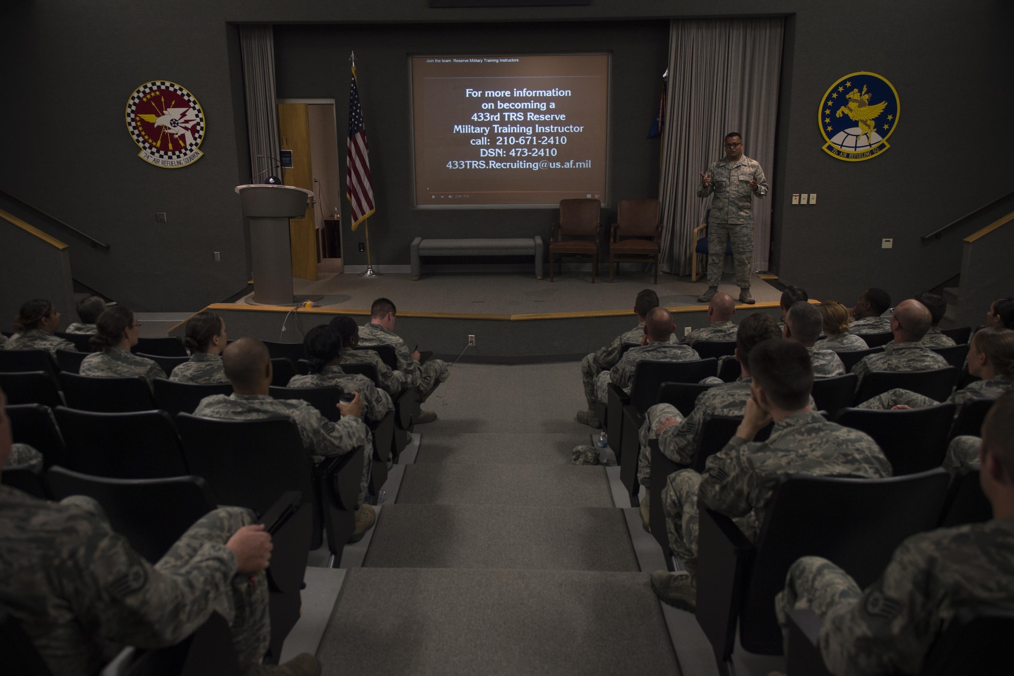 Master Sgt. Carlos Recoder, 433rd Training Squadron military training instructor, address noncommissioned officers during an Enlisted Call at Gus Grissom Hall at Grissom Air Reserve Base, Ind., July 10, 2016. Recoder and Tech. Sgt. Jesse Garcia, visited Grissom to educate and recruit potential traditional reservists in an effort to retain qualified Airmen interested in joining the MTI corps. (U.S. Air Force photo/Staff Sgt. Katrina Heikkinen)