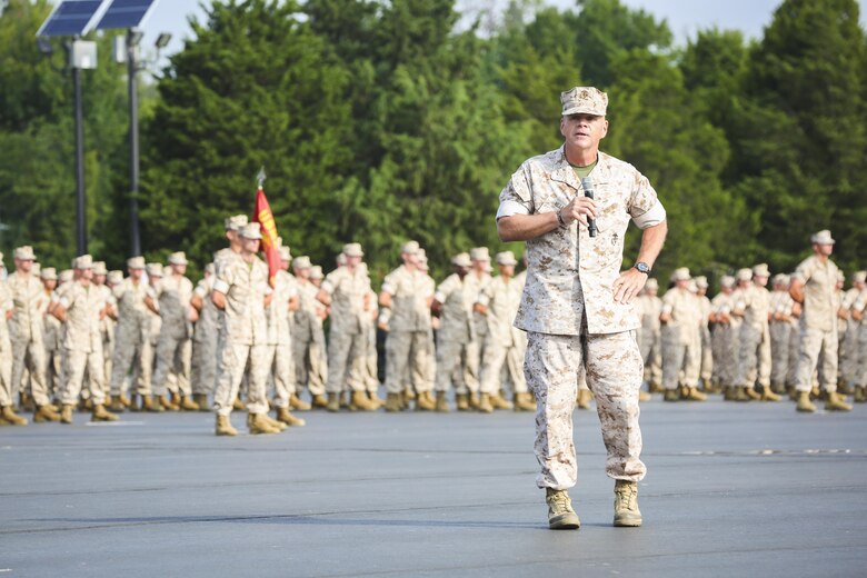 Commandant of the Marine Corps Gen. Robert B. Neller delivers a speech about what it means to be an officer in the U.S. Marine Corps and thanks the family members who came to the Officer Candidates School graduation ceremony aboard Marine Corps Base Quantico, Va., Aug. 6, 2016. Officer Candidate Class 222 had the most OCS graduates than any other class since 2009. Neller was the observing officer for the ceremony.