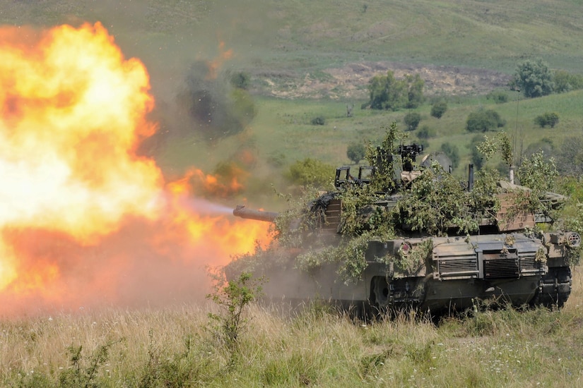 An Abrams tank fires a round during the multinational exercise Saber Guardian 16 near Cincu, Romania, Aug. 6, 2016. The tank belongs to Delta Company, 1st Combined Arms Battalion, 64th Armor Regiment, 1st Armored Brigade Combat Team, 3rd Infantry Division.
Approximately 2800 military personnel from 10 nations are taking part in Saber Guardian. Army photo by Staff Sgt. Corinna Baltos