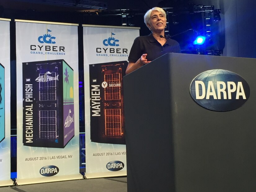 DARPA Director Arati Prabhakar speaks during the award ceremony after the world’s first all-machine hacking tournament Aug. 4, 2016, in Las Vegas. Seven teams competed in the capture-the-flag event and three of them won cash prizes. DoD photo by Cheryl Pellerin