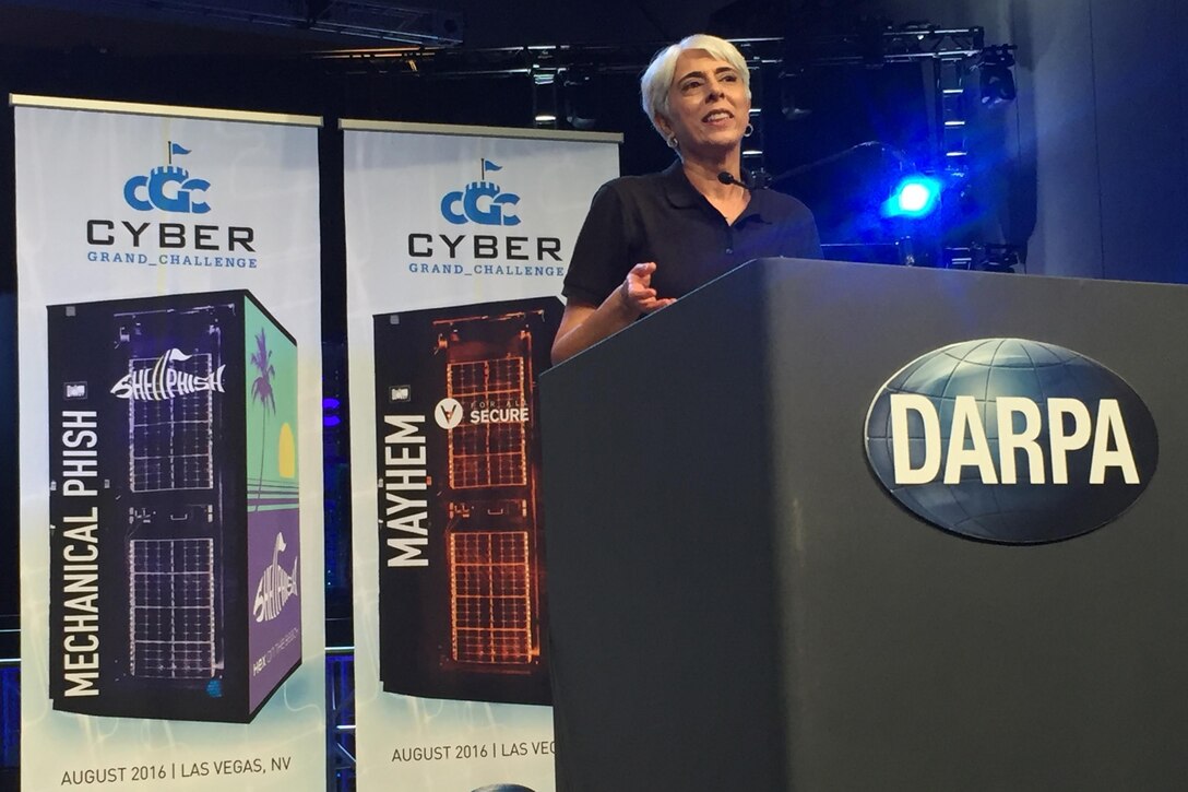 DARPA Director Arati Prabhakar speaks during the award ceremony after the world’s first all-machine hacking tournament in Las Vegas, Aug. 4, 2016. Seven teams competed in the capture-the-flag event and three of them won cash prizes. DoD photo by Cheryl Pellerin
