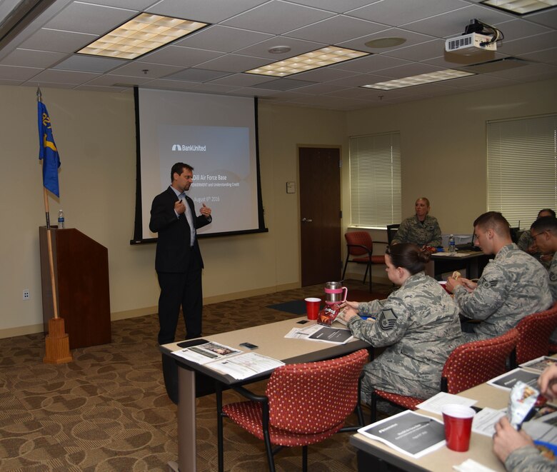 Bank United Executive Vice President Ian Norkin teaches to a class during the Top Three Lunch and Learn at MacDill Air Force Base, FL on Aug. 7, 2016. The purpose of the lunch and learn is to inform Airmen more about ways to better their finances. Past presentations have focused on resume writing, job searching and starting small businesses.  (U.S. Air Force photo by Senior Airman Xavier Lockley)