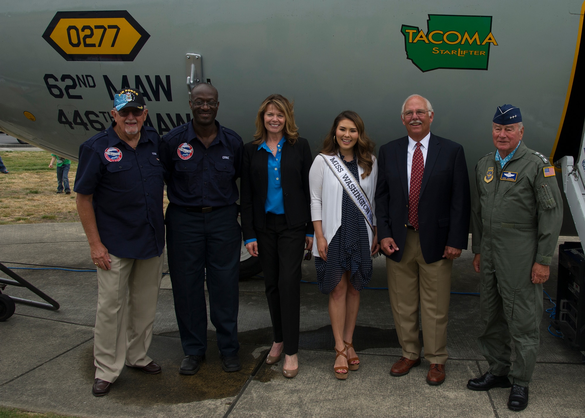 From left to right: Tom Hanson, President of the McChord Air Museum, Ernie White, McChord Air Museum volunteer, Sandra Marth Hill, Miss Washington 1966, Kelsey Schmidt, Miss Washington 2016, Jeff Demmon, son of Lt. Col. George Demmon, and retired Lt. Gen. Vernon Kondra, 21st Air Force commander and former 62nd Airlift Wing commander, next to the C-141 Starlifter, serial number 65-0277, August 6, 2016, at Heritage Hill, Joint Base Lewis-McChord. Lt. Col. Demmon piloted the first C-141 Starlifter into McChord Field on August 5, 1966. Members of the 62nd and 446th Airlift Wings celebrated with museum volunteers, veterans, and community members for the 50th anniversary of the arrival of McChord's first Starlifter. (Air Force Reserve photo by Tech. Sgt. Bryan Hull)