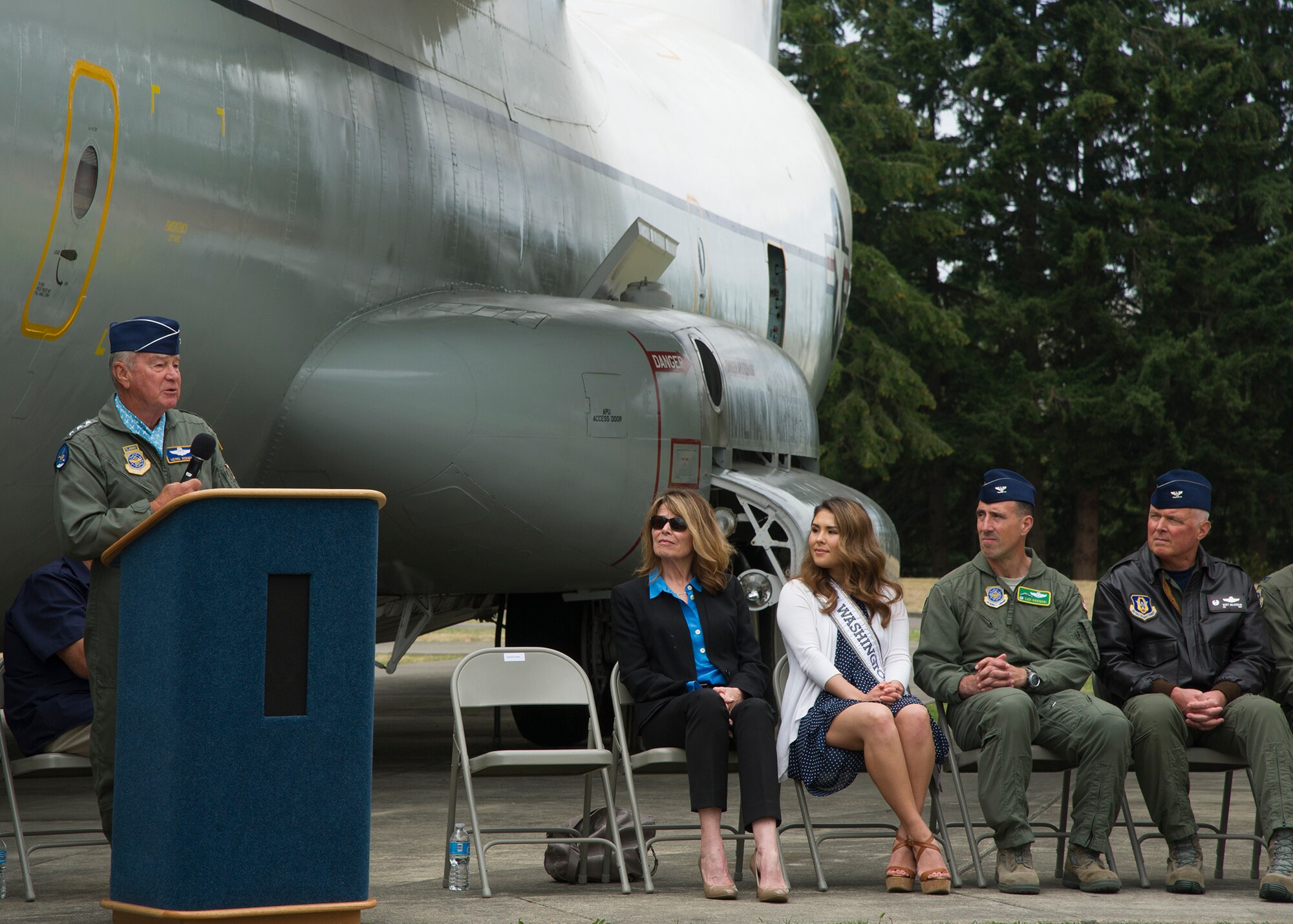 Retired Lt. Gen. Vernon Kondra, 21st Air Force commander and former 62 Airlift Wing commander, speaks during the rechristening ceremony of the C-141 Starlifter, serial number 65-0277, August 6, 2016, at Heritage Hill, Joint Base Lewis-McChord. In honor of the first C-141 arrival at McChord, members of the 62nd and 446th Airlift Wings celebrated with museum volunteers, veterans, and community members for the 50th anniversary of the arrival of McChord's first C-141. (Air Force Reserve photo by Tech. Sgt. Bryan Hull)