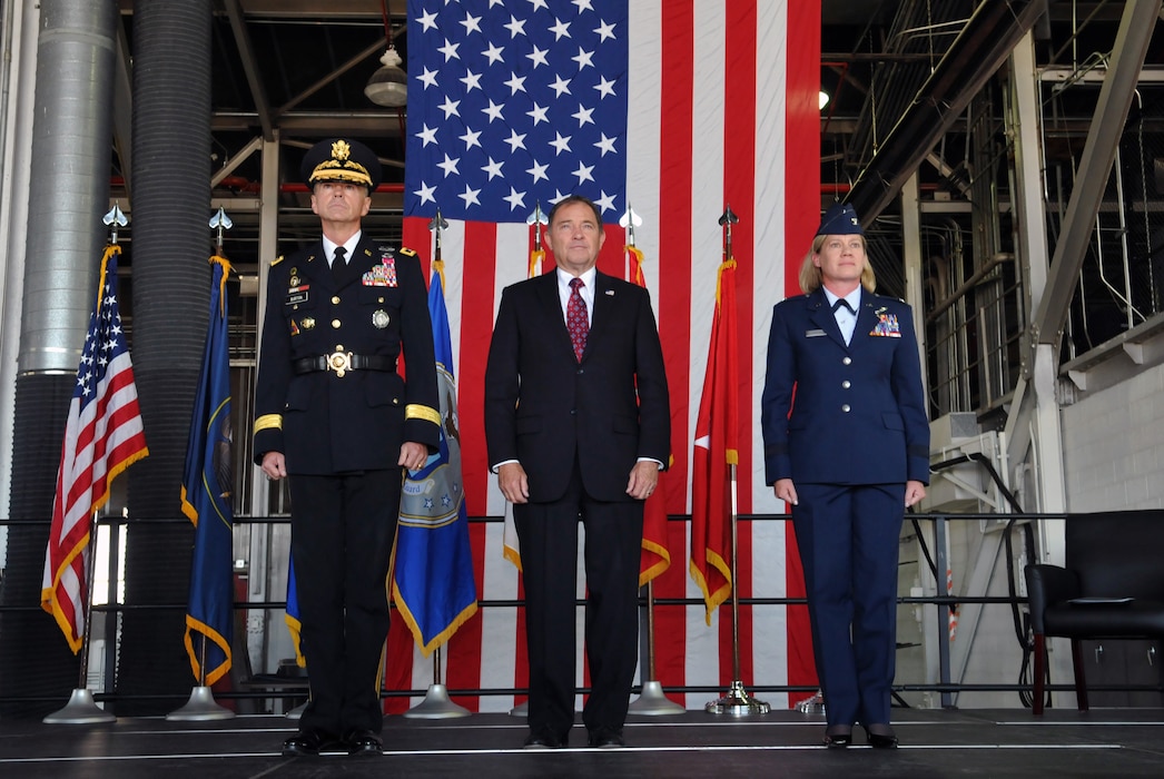 Maj. Gen. Jefferson Burton, Adjutant General, Utah National Guard, Utah Gov. Gary Herbert and Brig. Gen. Christine Burckle stand during an assumption of command ceremony held on Aug. 6, 2016, at Roland R. Wright Air National Guard Base in Salt Lake City. During the ceremony, Burckle was formally promoted to the rank of Brigadier General and assumed command of the Utah Air National Guard. With this new assignment, Burckle became the Utah Air National Guard’s highest-ranking official, as well as the state’s first National Guard female general officer and the first woman to serve as Commander of the Utah Air National Guard. (U.S. Air National Guard photo by Staff Sgt. Annie Edwards)