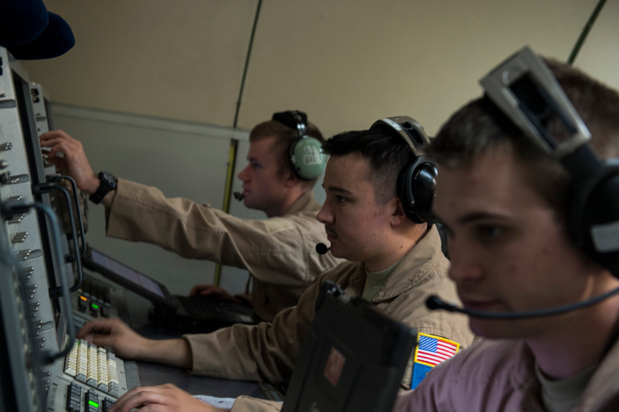 968th Expeditionary Airborne Air Control Squadron members monitor radar aboard an E-3 Sentry aircraft during a mission in the CENTCOM area of responsibility July 28, 2016. Being airborne and mobile allows the 968 EAACS to have a line-of-sight on other aircraft and provides a low-level look that is crucial to battle management and surveillance in the AOR. (U.S. Air Force photo by Tech. Sgt. Chad Warren/released)