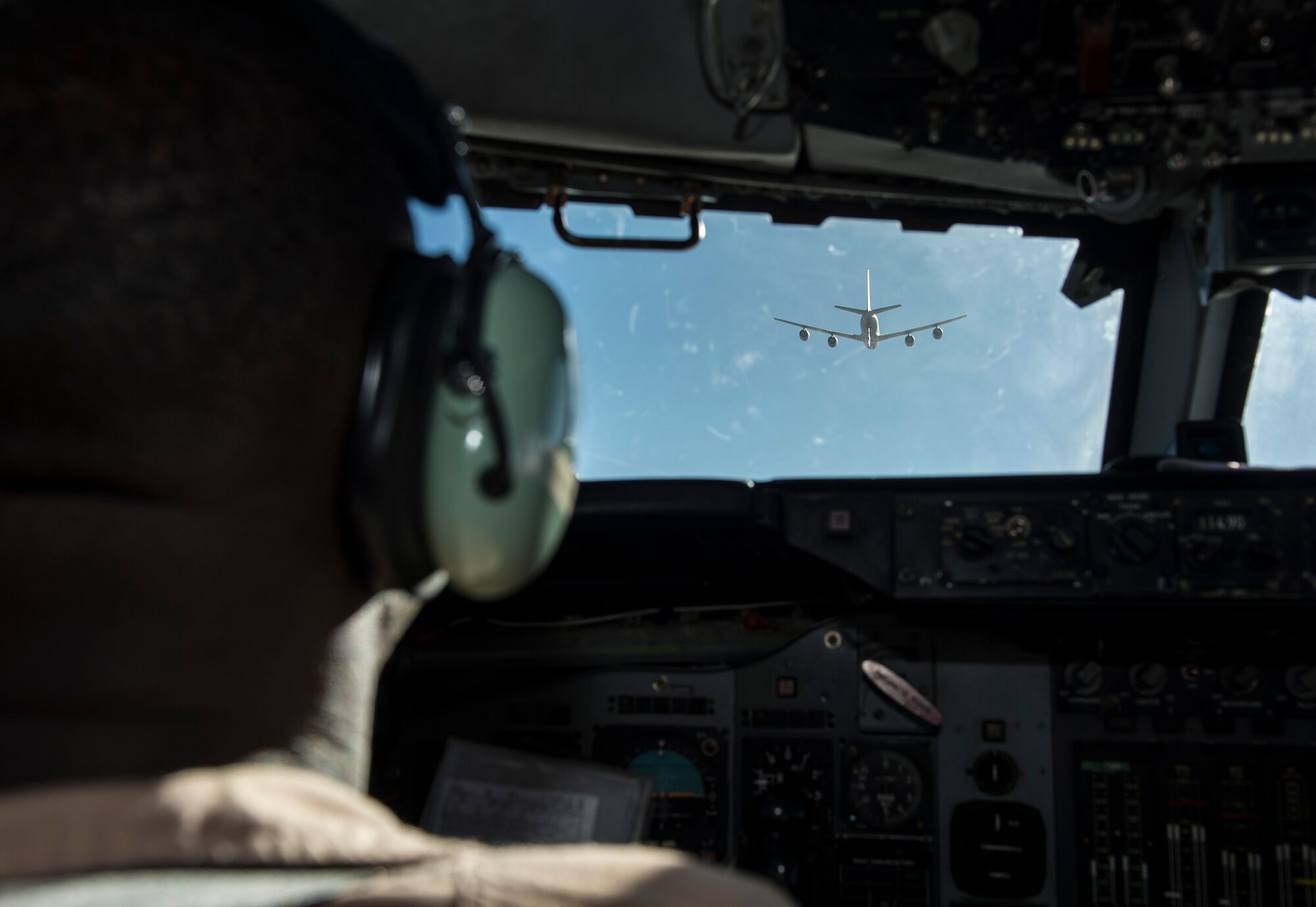 An E-3 Sentry pilot assigned to the 968th Expeditionary Airborne Air Control Squadron maneuvers his aircraft into position to receive fuel from a KC-10 Extender in the CENTCOM area of responsibility July 28, 2016. Being airborne and mobile allows the 968 EAACS to have a line-of-sight on other aircraft and provides a low-level look that is crucial to battle management and surveillance in the AOR. (U.S. Air Force photo by Tech. Sgt. Chad Warren/released)