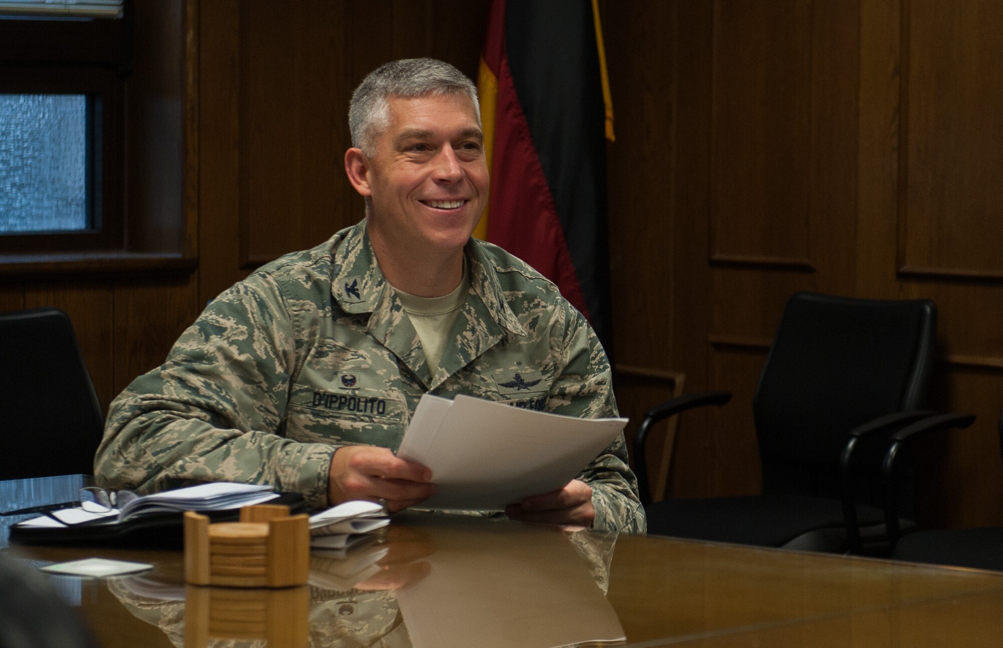 Col. Andrew D’Ippolito, 435th Air and Space Communications Group commander, participates in a 435th Air Ground Operations Wing Inspector General meeting Aug. 4, 2016, at Ramstein Air Base, Germany. When a new commander settles in, an IG meeting is scheduled for them to explain the IG inspection process. (U.S. Air force photo/Airman 1st Class Lane T. Plummer)