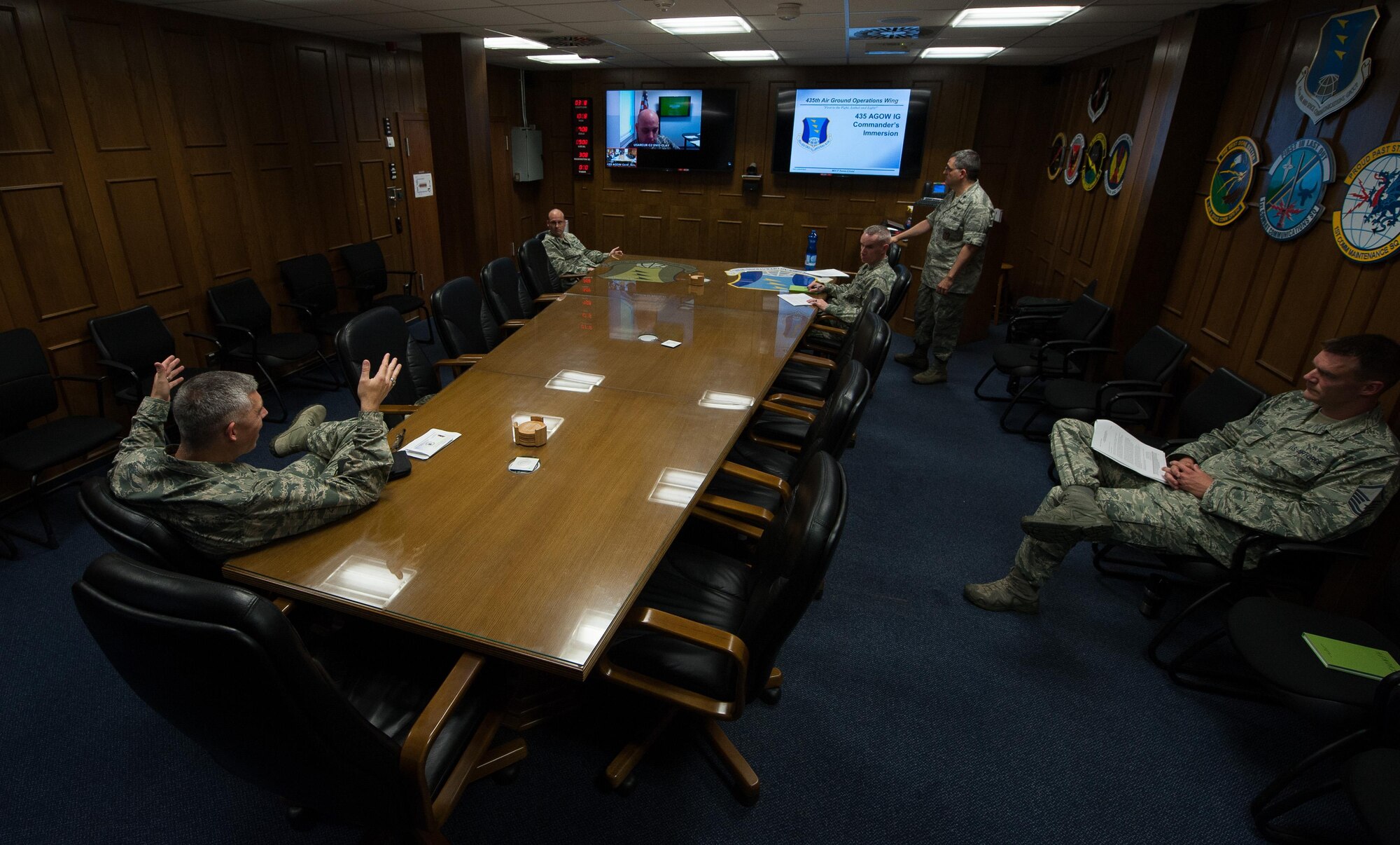 A group of commanders from the 435th Air Ground Operations Wing participate in an inspector general meeting Aug. 4, 2016, at Ramstein Air Base, Germany. The meetings are designed to properly train commanders on what to expect during IG inspections. (U.S. Air force photo/Airman 1st Class Lane T. Plummer)
