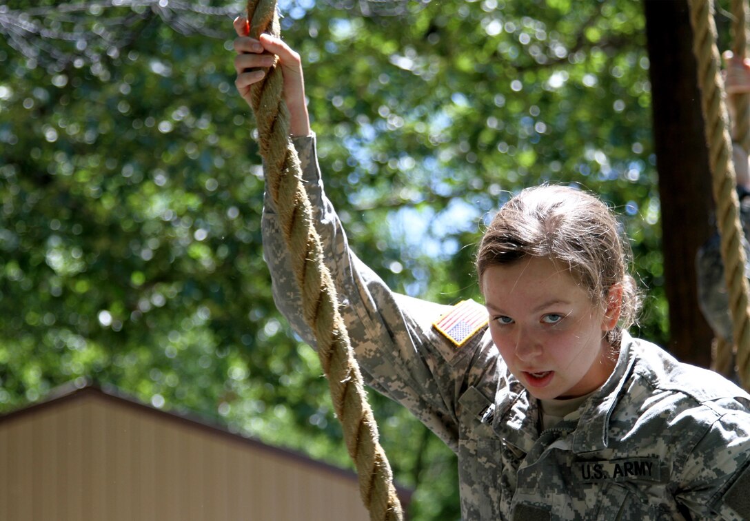 The ropes are tough! A Cadet Initial Entry Training (CIET) candidate tries the rope climb to The Tough One on the confidence course during Cadet Summer Training (CST16), at Ft. Knox, Kentucky, June 9. (U.S. Army Reserve photo by Sgt. Karen Sampson/ Released)