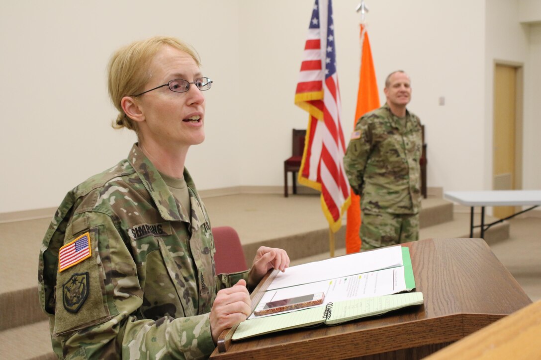 Army Reserve Sgt. Maj. Maureen Simpkins, G-3 operations sergeant major, 335th Signal Command (Theater), gives a welcome home speech to Soldiers from Detachment 11, 335th SC (T) during a Welcome Home Warrior Ceremony at North Fort Hood, Texas Aug. 3. The detachment of 24 Soldiers spent the last nine months deployed to Afghanistan in support of Operation Enduring Freedom and the ongoing war on terrorism. Their mission comprised of providing, maintaining, repairing and establishing electronic communications throughout the Afghan theater of operations.