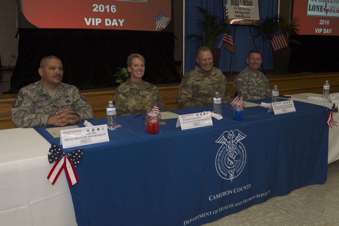 Leaders from the Texas Military Department sit together during the Operation Lone Star (OLS) VIP event in Brownsville, Texas, July 28, 2016. Service members from the Texas State Guard worked alongside Soldiers from the 804th Medical Brigade, U.S. Army Reserves, the Texas Department of Public Safety, the Department of State Health Services, Remote Area Medical volunteers, Cameron County Department of Health and Human Services (DHHS), City of Laredo Health Department, Hidalgo County DHHS and U.S. Public Health Services during OLS, a week long real-time, large-scale emergency preparedness exercise in La Joya, Pharr, Brownsville, Rio Grande City and Laredo, Texas, July 25-29, 2016. OLS is an annual medical disaster preparedness training exercise, uniting federal, state and local health and human service providers, that addresses the medical needs of thousands of underserved Texas residents every year. (U.S. Army National Guard photo by Capt. Martha Nigrelle)