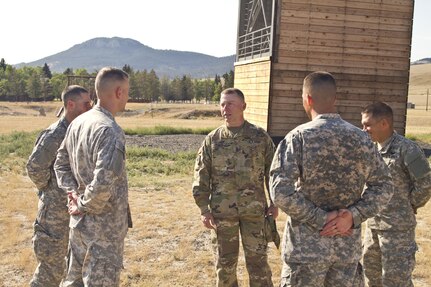 U.S. Army Reserve Command, Command Sergeant Major (Interim), Command Sgt. Maj. James P. Wills speaks with the USARC Best Warrior winners and runner-ups from the 2016 BWC competition after an obstacle course training at Fort Harrison, MT, August 5, 2016. The USARC BWC winners from the noncommissioned officer and Soldier category are going through rigorous training, leading up to their appearance at Fort A.P. Hill later this year for the Department of Army BWC. (U.S. Army Reserve photo by  Brian Godette, USARC Public Affairs)