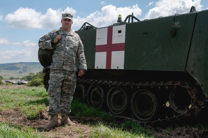 Army Staff Sgt. Brad Foster, a combat medic with the Oregon Army National Guard’s Headquarters and Headquarters Company, 3rd Battalion, 116th Heavy Brigade Combat Team from Pendleton, Ore., is deployed to the Romanian Land Forces Combat Training Center in Cincu, Romania, for Exercise Saber Guardian 16, Aug. 3, 2016. Army photo by Spc. Timothy Jackson