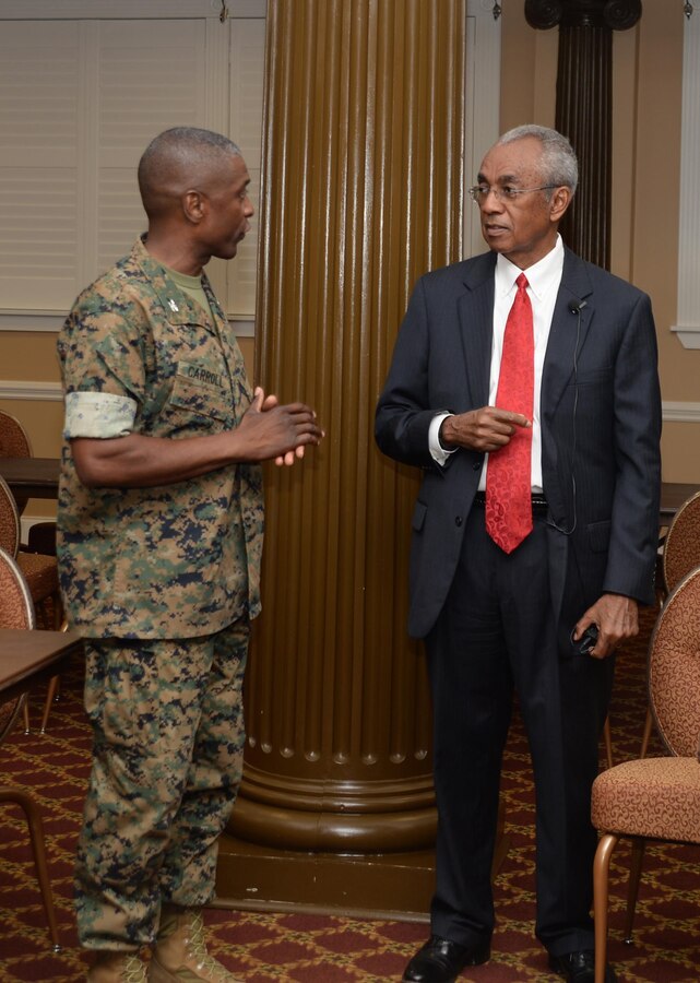 Dr. Arthur Dunning (right), president, Albany State University, Albany, Georgia, delivers keynote message to fellow-veterans at the monthly Veterans Breakfast, Aug. 3. Colonel James A. Carroll III, commanding officer, Marine Corps Logistics Base Albany, thanked Dunning, an Air Force veteran, for his service and for speaking at the event, which was held at the Town & Country Restaurant Grand Ballroom.
