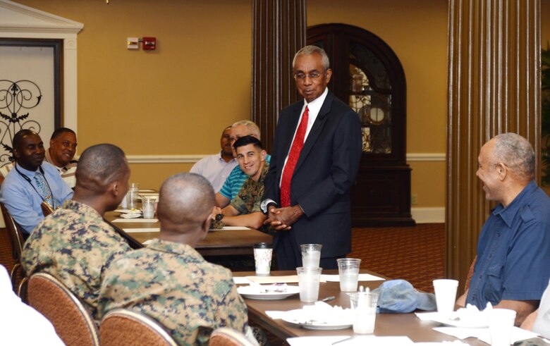Dr. Arthur Dunning, president, Albany State University, Albany, Georgia, delivers keynote message to fellow-veterans at the monthly Veterans Breakfast at Marine Corps Logistics Base Albany’s Town & Country Restaurant Grand Ballroom, Aug. 3. Dunning shared details of his active-duty service, while in the Air Force; his transition as a civilian base education officer as well as the path leading to his current career.