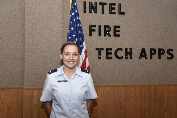 U.S. Air Force 2nd Lt. Rebecca Stinton, 315th Training Squadron student, smiles for a portrait in Brandenburg Hall on Goodfellow Air Force Base, Texas, Aug. 5, 2016. Stinton is the Goodfellow Student of the Month spotlight for July, a series highlighting Goodfellow students. (U.S. Air Force photo by Airman 1st Class Chase Sousa/Released)
