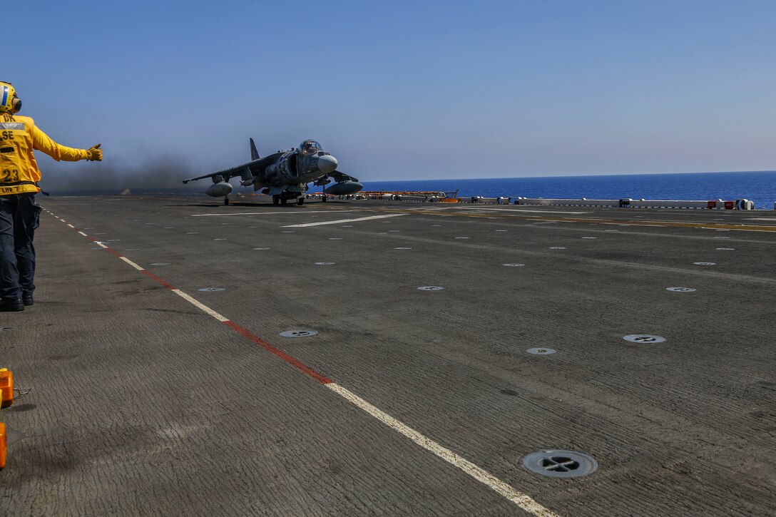 An AV-8B Harrier II with 22nd Marine Expeditionary Unit (MEU), takes off from the flight deck of the amphibious assault ship USS Wasp (LHD 1) on Aug. 1, 2016. 22nd MEU, embarked on the Wasp is conducting precision air strikes in support of the Libyan Government of National Accord-aligned forces against Daesh targets in Sirte, Libya as part of Operation Odyssey Lightning.